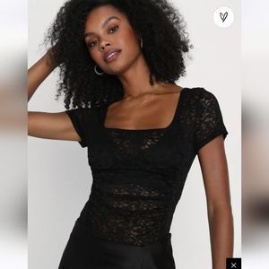 Lulu's Intriguing Attitude Black Sheer Lace Short Sleeve Crop Top